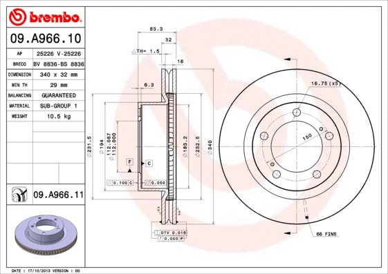 Stabdžių diskas BREMBO 09.A966.11