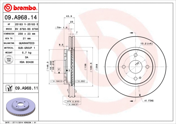 Stabdžių diskas BREMBO 09.A968.11