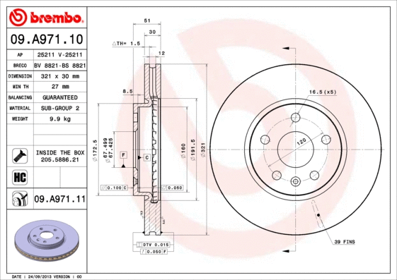 Stabdžių diskas BREMBO 09.A971.11