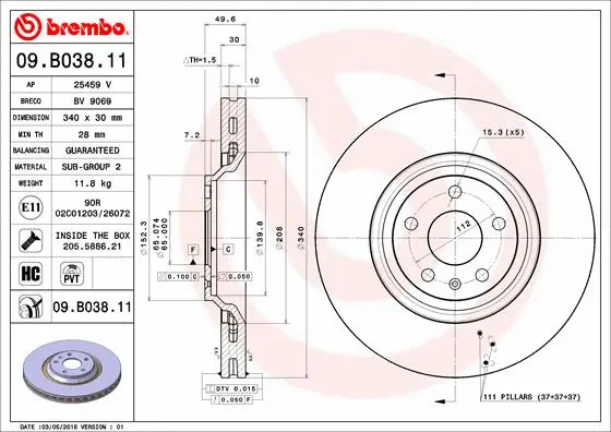 Stabdžių diskas BREMBO 09.B038.11