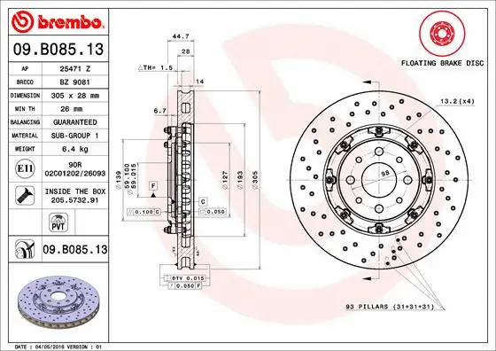 Stabdžių diskas BREMBO 09.B085.13