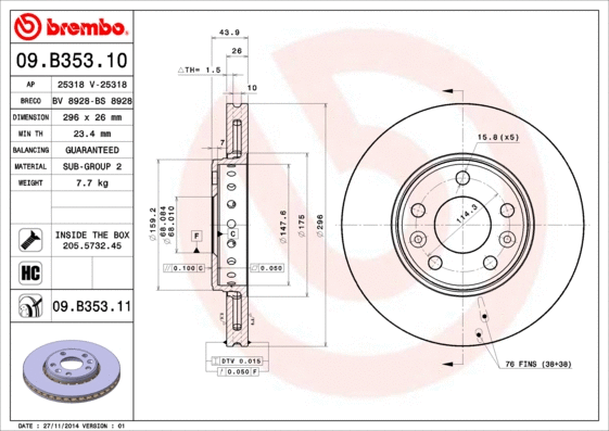 Stabdžių diskas BREMBO 09.B353.11