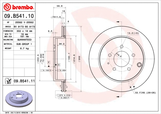 Stabdžių diskas BREMBO 09.B541.11