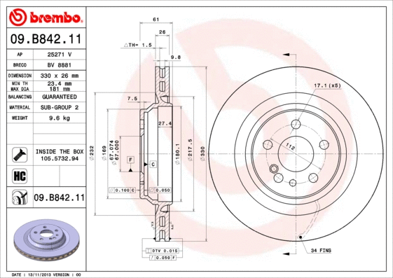 Stabdžių diskas BREMBO 09.B842.11