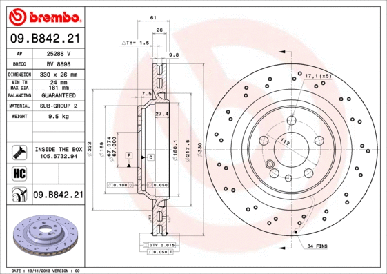 Stabdžių diskas BREMBO 09.B842.21