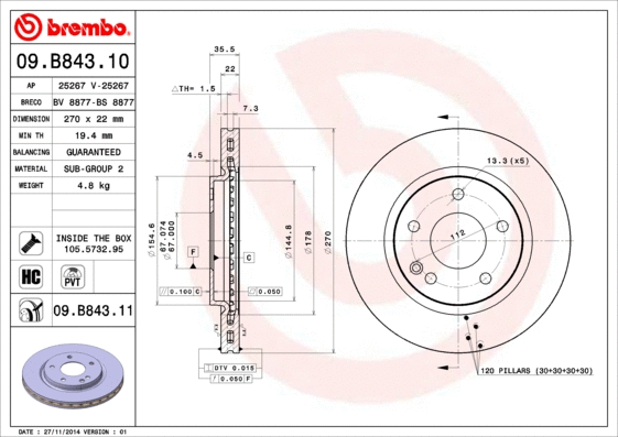 Stabdžių diskas BREMBO 09.B843.11