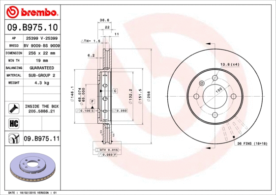 Stabdžių diskas BREMBO 09.B975.11