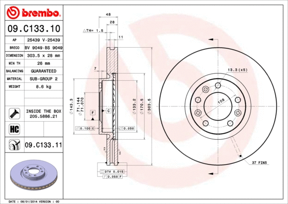 Stabdžių diskas BREMBO 09.C133.11