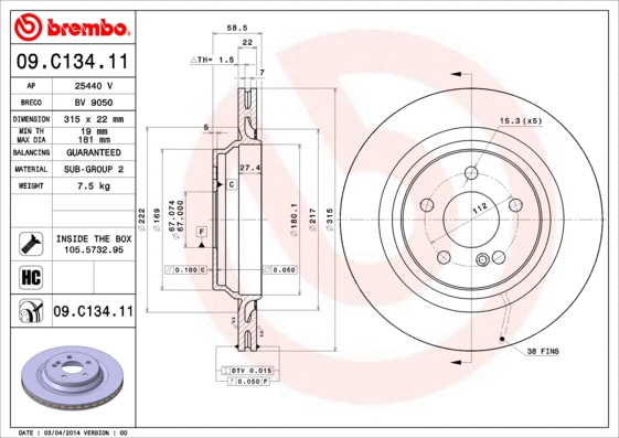 Stabdžių diskas BREMBO 09.C134.11