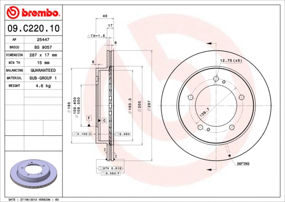 Stabdžių diskas BREMBO 09.C220.10