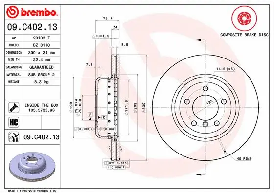 Stabdžių diskas BREMBO 09.C402.13