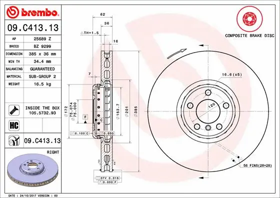 Stabdžių diskas BREMBO 09.C413.13