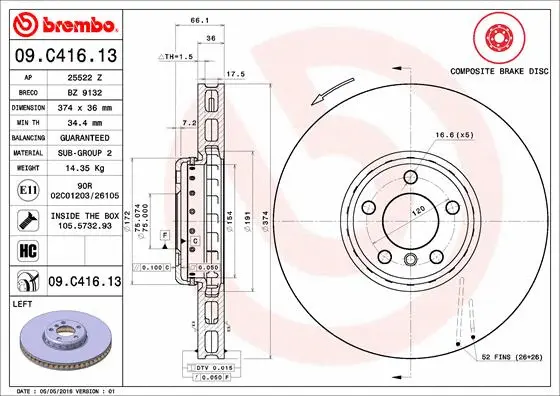 Stabdžių diskas BREMBO 09.C416.13
