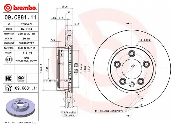 Stabdžių diskas BREMBO 09.C881.11