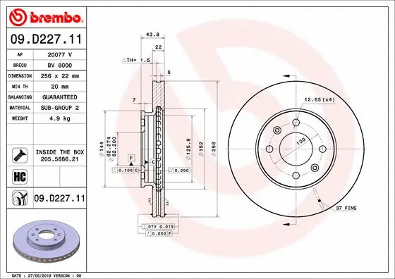 Stabdžių diskas BREMBO 09.D227.11