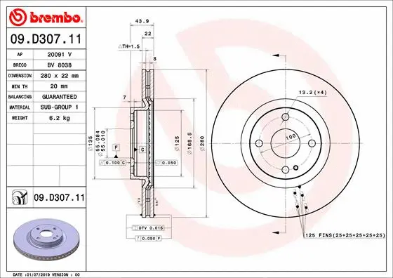 Stabdžių diskas BREMBO 09.D307.11