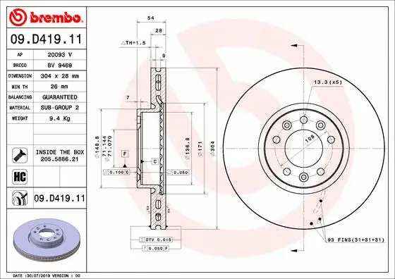 Stabdžių diskas BREMBO 09.D419.11