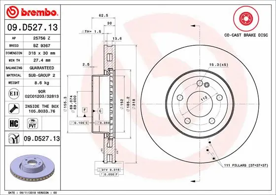 Stabdžių diskas BREMBO 09.D527.13