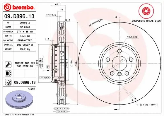 Stabdžių diskas BREMBO 09.D896.13