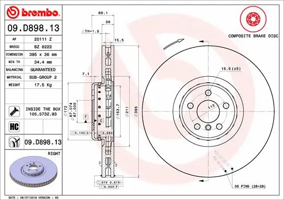 Stabdžių diskas BREMBO 09.D898.13