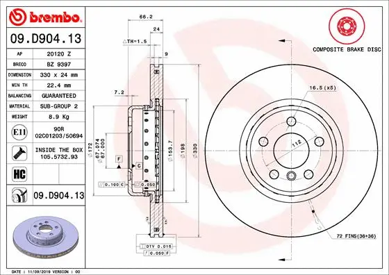 Stabdžių diskas BREMBO 09.D904.13