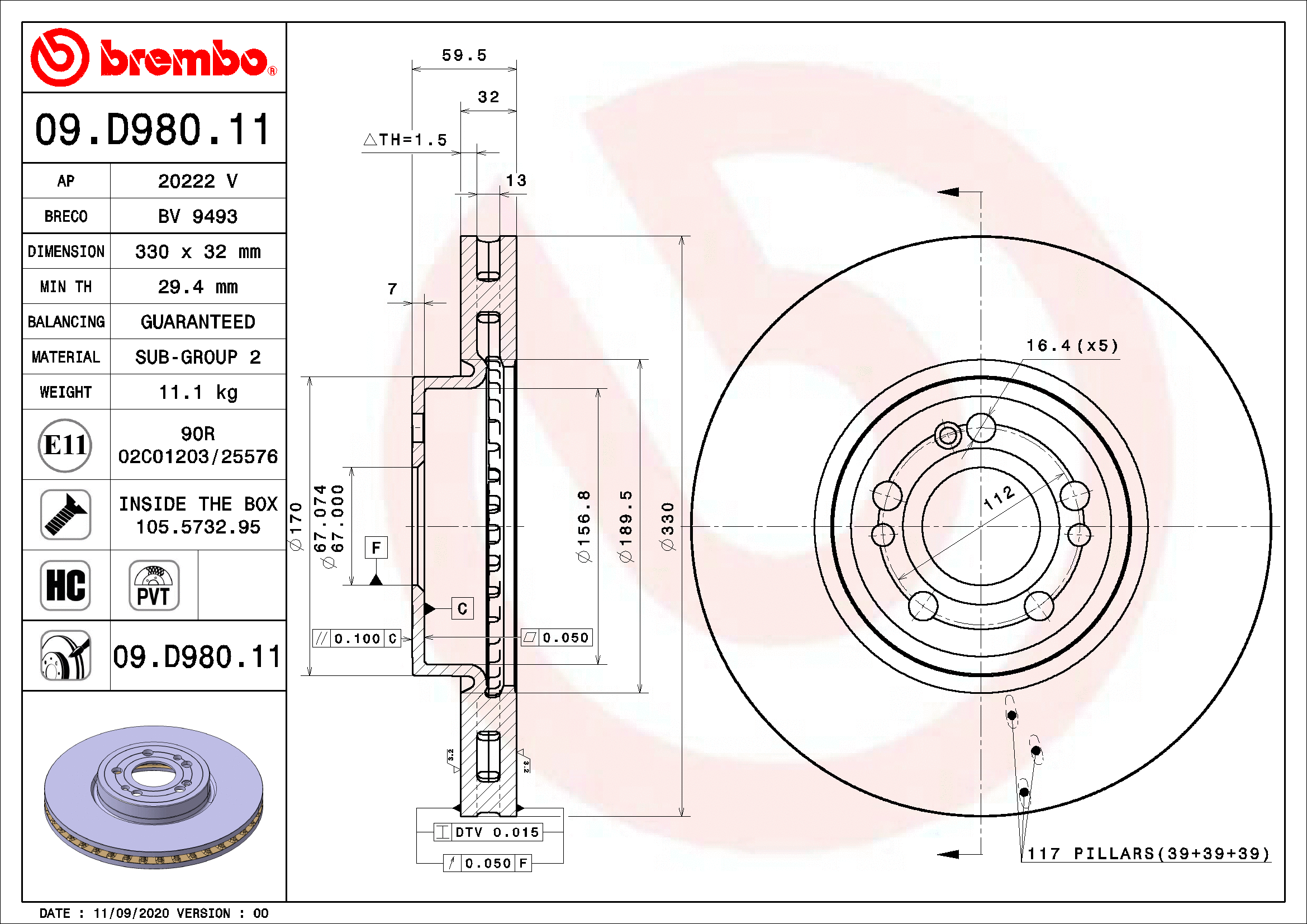 Stabdžių diskas BREMBO 09.D980.11