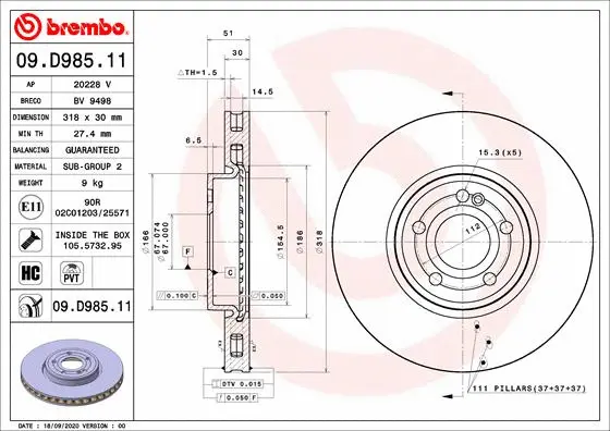 Stabdžių diskas BREMBO 09.D985.11