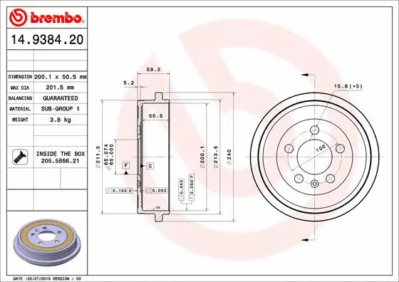 Stabdžių būgnas BREMBO 14.9384.20
