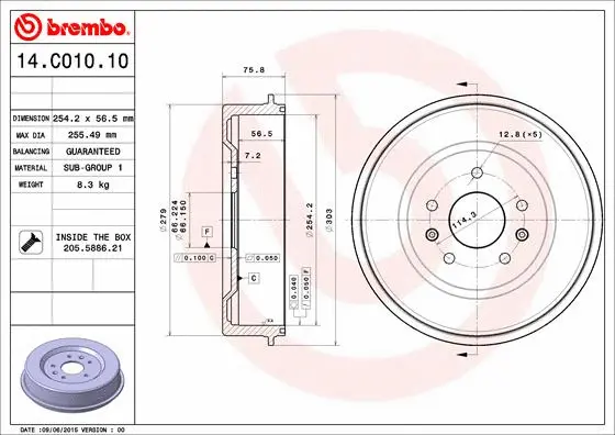 Stabdžių būgnas BREMBO 14.C010.10