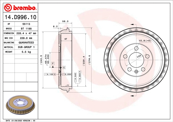 Stabdžių būgnas BREMBO 14.D996.10