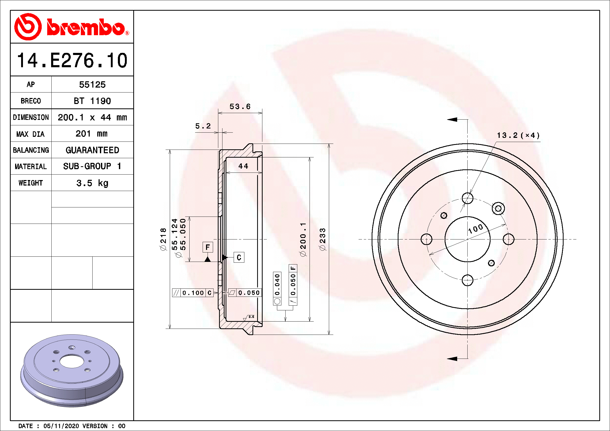 Stabdžių būgnas BREMBO 14.E276.10