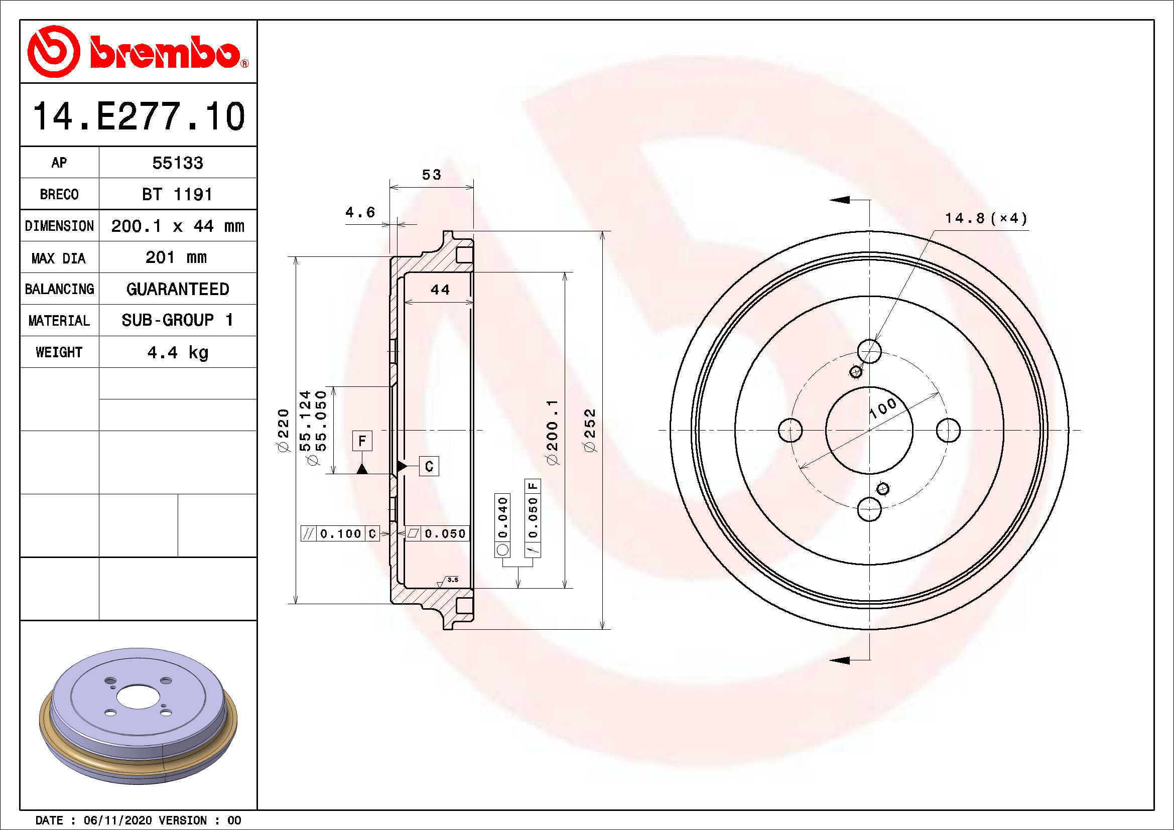 Stabdžių būgnas BREMBO 14.E277.10
