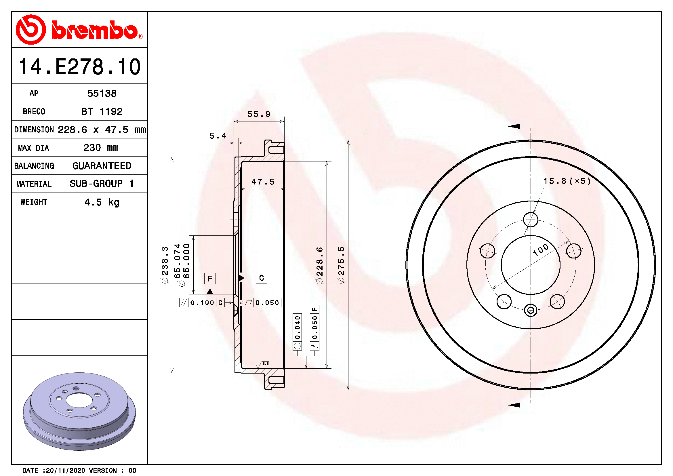 Stabdžių būgnas BREMBO 14.E278.10