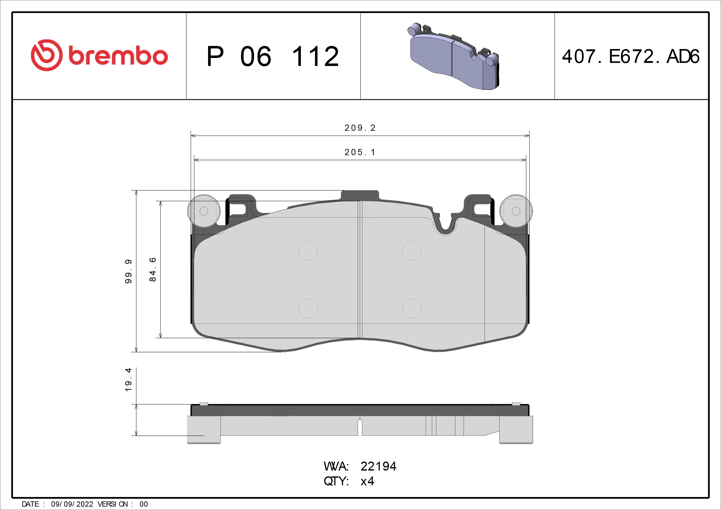 Diskinių stabdžių trinkelių rinkinys BREMBO P 06 112