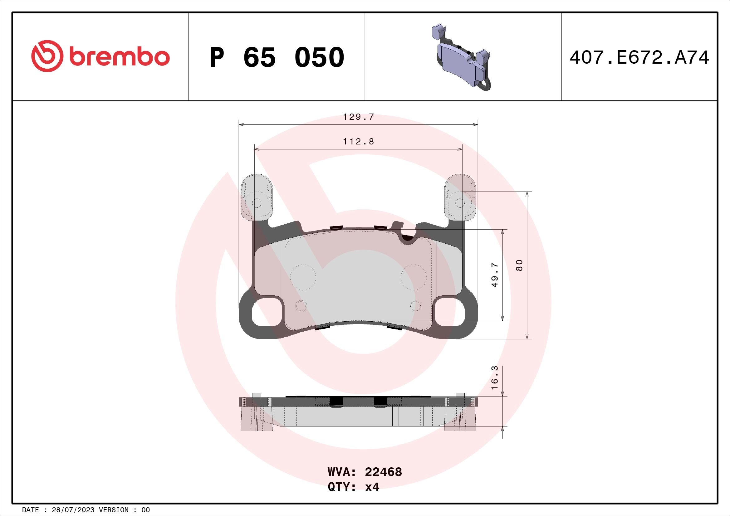 Diskinių stabdžių trinkelių rinkinys BREMBO P 65 050