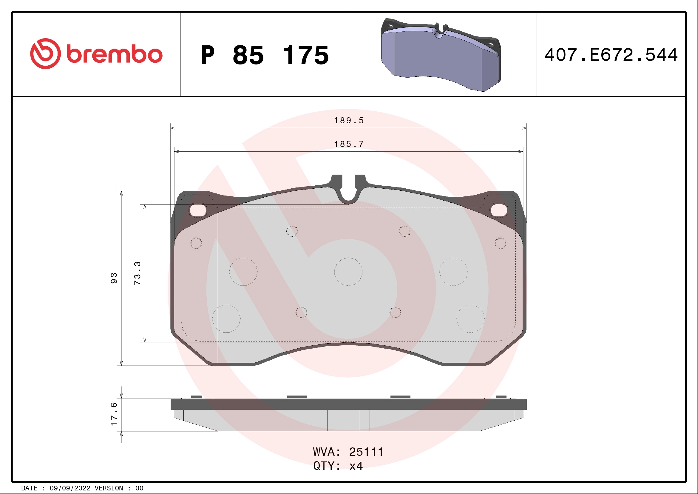 Diskinių stabdžių trinkelių rinkinys BREMBO P 85 175