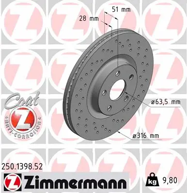 Stabdžių diskas ZIMMERMANN 250.1398.52