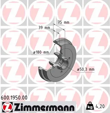 Stabdžių būgnas ZIMMERMANN 600.1950.00