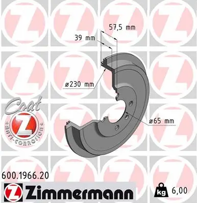 Stabdžių būgnas ZIMMERMANN 600.1966.20