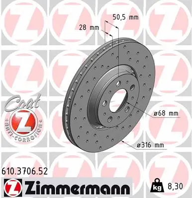Stabdžių diskas ZIMMERMANN 610.3706.52